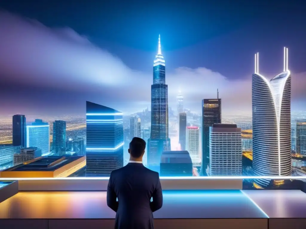 Metrópolis futurista: Big Data en el sector inmobiliario Vibrante ciudad nocturna con rascacielos futuristas iluminados por luces de neón, reflejando Big Data en finanzas inmobiliarias