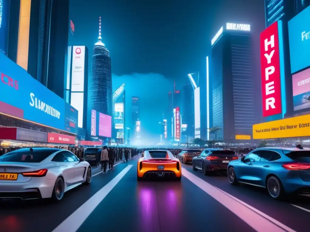 Metrópolis futurista: skyline brillante y autos autónomos Vibrante ciudad nocturna con rascacielos iluminados por luces neón, autos autónomos y peatones tecnológicos