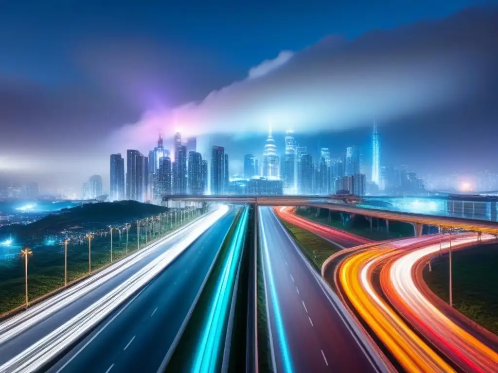 Vibrante ciudad nocturna: luces y arquitectura futurista Vibrante ciudad nocturna con rascacielos iluminados y luces de autos, simbolizando la Desigualdad acceso crédito inmobiliario