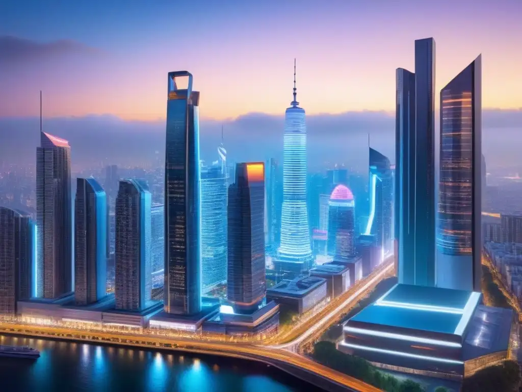 Futurista ciudad nocturna: luces neón y tecnología innovadora Vibrante ciudad nocturna con rascacielos futuristas iluminados por luces neón, reflejando la innovación de las startups tecnológicas en el mercado inmobiliario