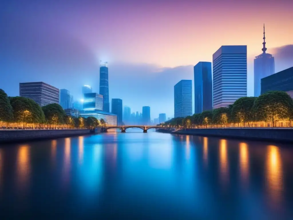 Horizonte urbano nocturno: éxito inmobiliario en la ciudad Vibrante ciudad nocturna con rascacielos iluminados reflejados en el río, éxito en el sector inmobiliario para mejorar calificación crediticia
