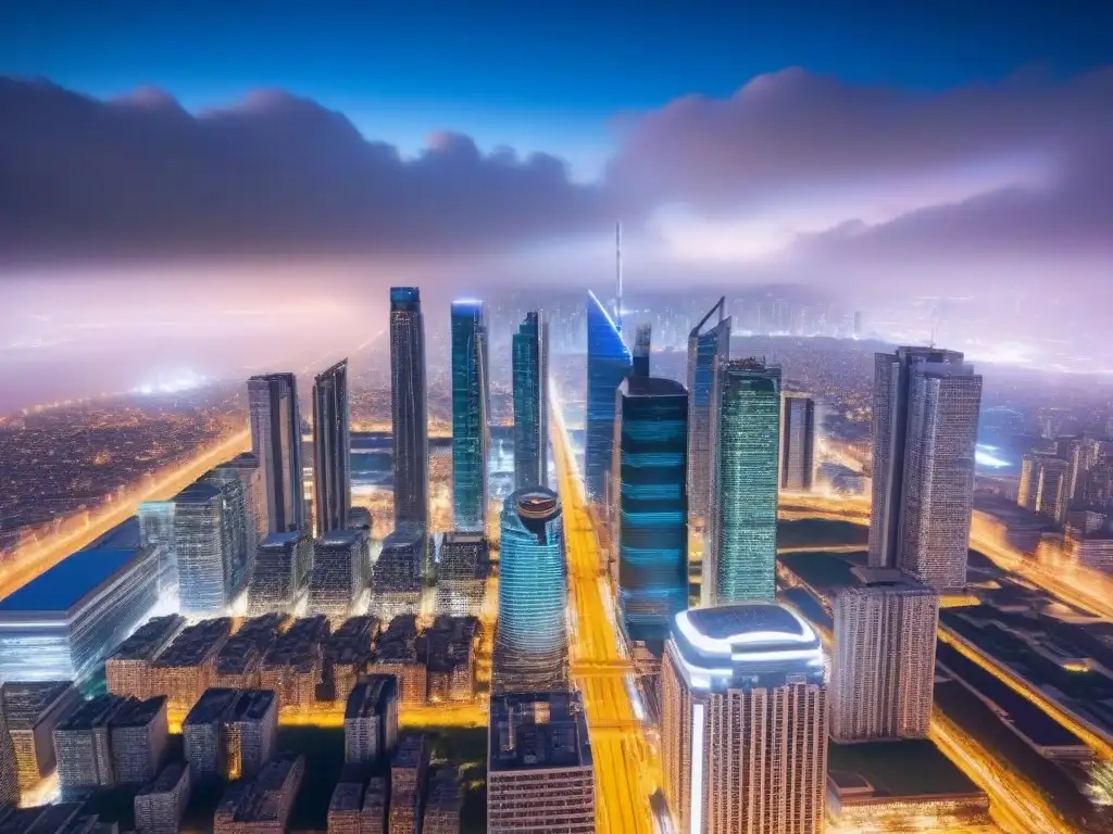 Metrópolis sostenible: innovación y tecnología en armonía Vibrante ciudad nocturna con rascacielos iluminados y tecnología inteligente, ejemplificando el desarrollo urbano ciudades inteligentes