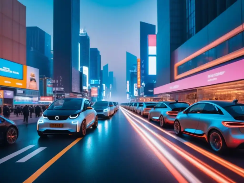 Metrópolis futurista: luces neón y tecnología en acción Vibrante ciudad nocturna con rascacielos futuristas iluminados por luces de neón, reflejando el desarrollo urbano ciudades inteligentes