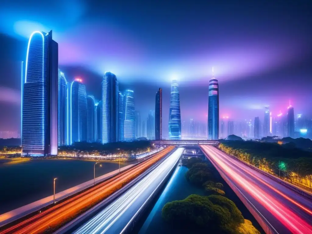 Metrópolis futurista: luces neón en rascacielos y tecnología avanzada Vibrante ciudad nocturna con rascacielos futuristas iluminados por luces de neón, drones sobrevolando y autos eléctricos