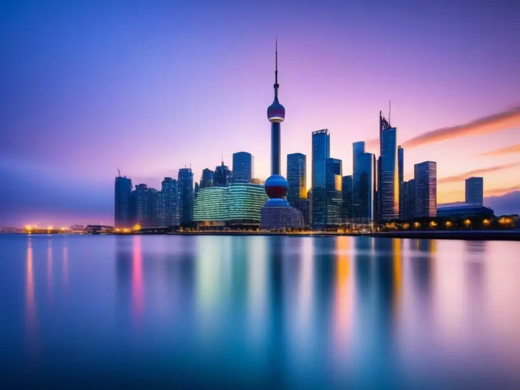 Horizonte urbano vibrante: seguridad en inversiones Vibrante ciudad nocturna reflejada en agua