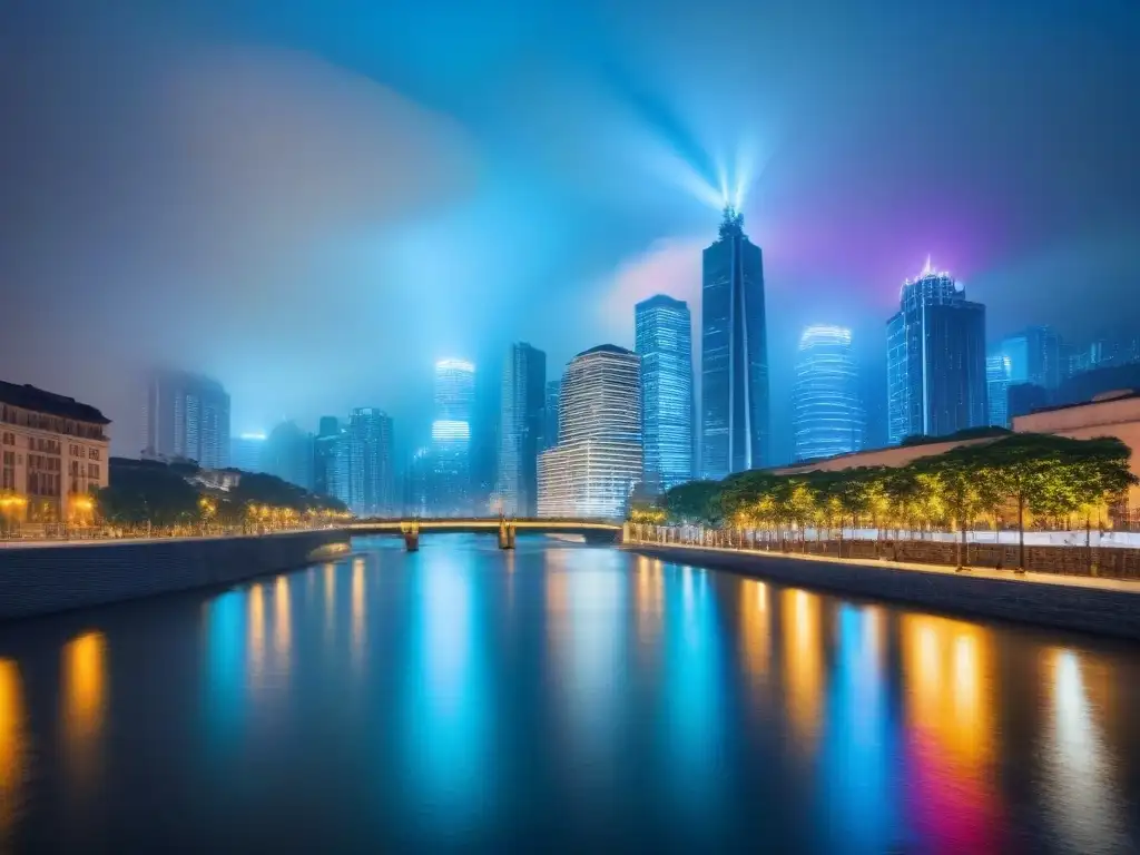 Metrópolis nocturna: luces vibrantes reflejadas en río urbano Vibrante ciudad nocturna, reflejo de rascacielos iluminados en un río, simbolizando el impacto del desarrollo urbano en economías locales
