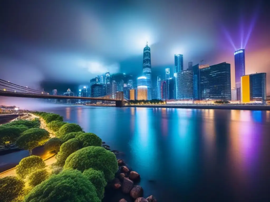 Skyline nocturno en 8k: luces vibrantes en una ciudad dinámica Vibrante ciudad nocturna, reflejos en río