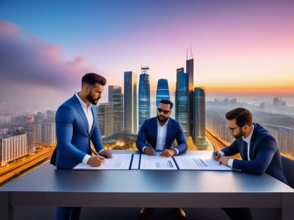 Regulaciones inmobiliarias: ciudad moderna al atardecer Vibrante ciudad nocturna reflejando regulaciones flipping propiedades 2023