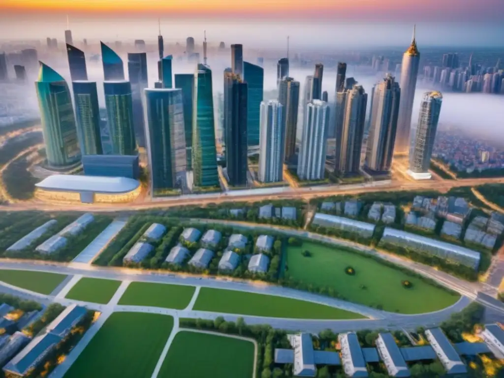 Regulaciones inmobiliarias: la ciudad en crecimiento al atardecer Vibrante ciudad con normativa protección consumidor mercado inmobiliario