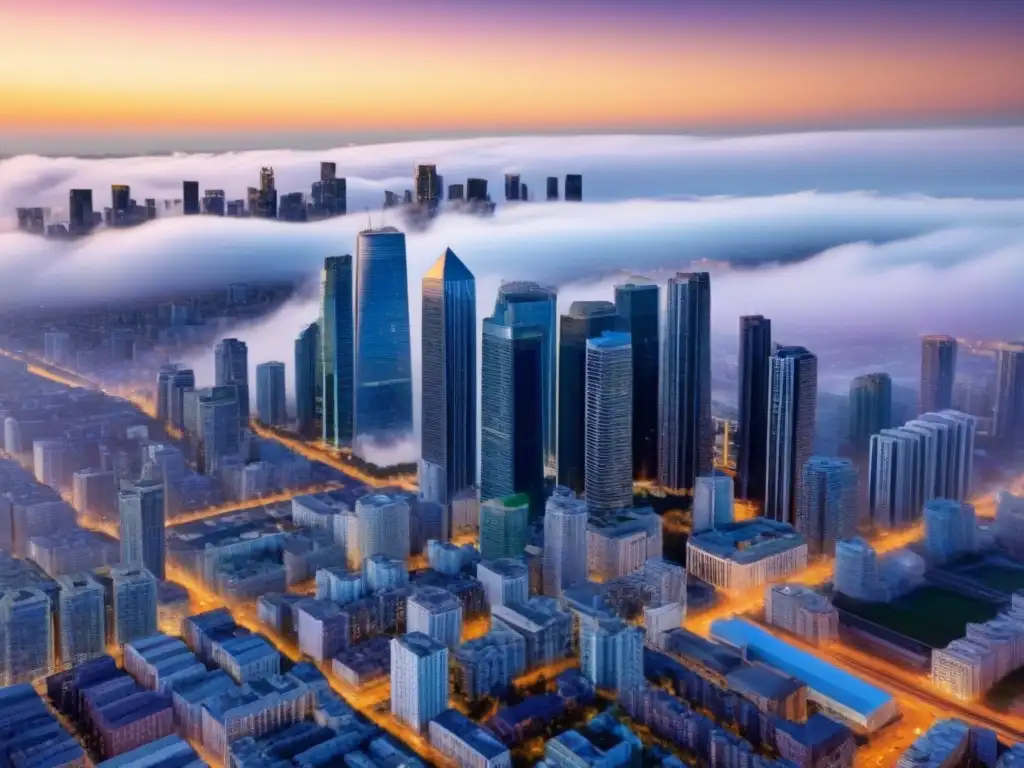 Resurgimiento urbano: modernidad y tradición al atardecer Vibrante ciudad postcrisis: rascacielos modernos junto a edificios históricos renovados