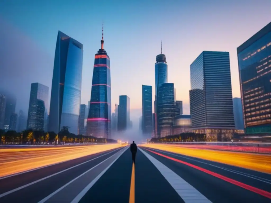 Vibrante skyline urbano al atardecer: progreso económico e innovación Vibrante ciudad al anochecer con profesionales debatiendo, reflejando influencia de Políticas Económicas Internacionales Inversión Inmobiliaria
