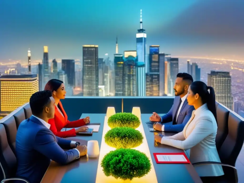Vista aérea detallada de ciudad moderna y profesionales en reunión estratégica Vibrante ciudad al anochecer con profesionales en mesa de estrategias