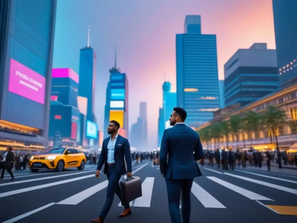 Vibrante ciudad al anochecer con profesionales en movimiento, ideal para invertir en REITs comerciales globalmente