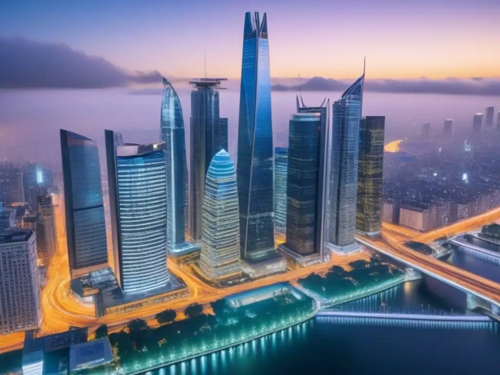 Skyline urbano al anochecer: innovación y colaboración en la ciudad Vibrante ciudad al anochecer con profesionales colaborando en proyectos inmobiliarios