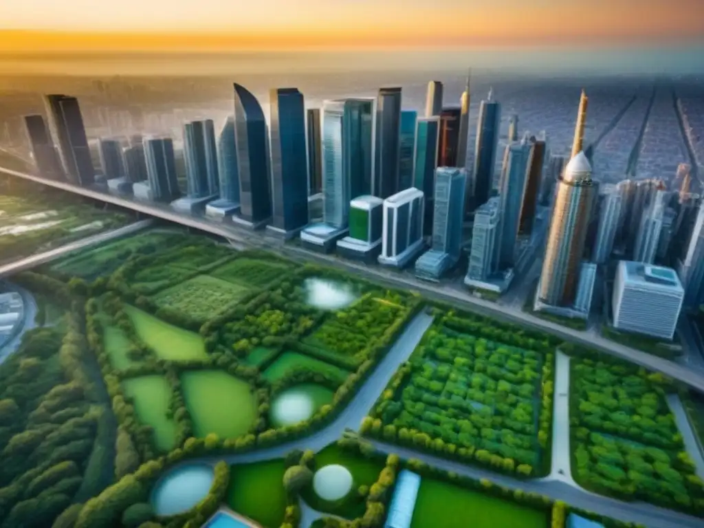Armonía urbana: ciudad moderna entre rascacielos y naturaleza Vibrante ciudad con rascacielos, áreas verdes y redes de transporte, mostrando la armonía entre desarrollo urbano y naturaleza en el mercado inmobiliario