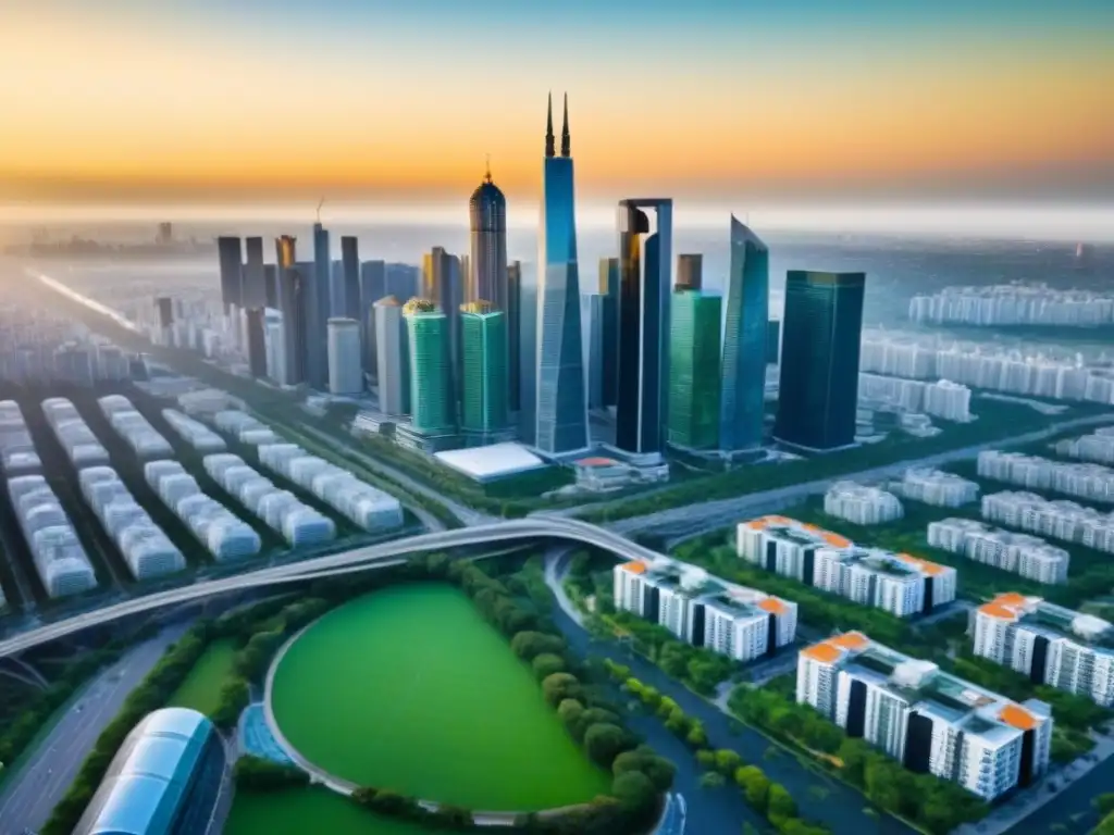 Vibrante skyline urbano: valoración inmobiliaria eficiente Vibrante ciudad con rascacielos, áreas verdes y complejidad inmobiliaria