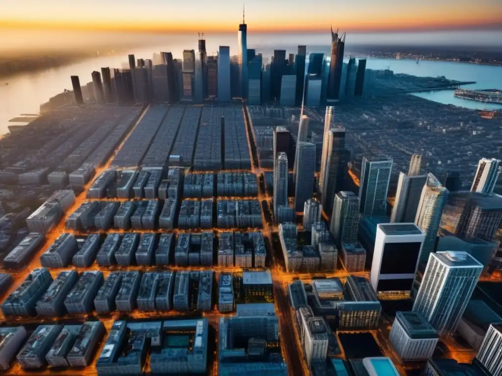 Vibrante ciudad moderna desde las alturas Vibrante ciudad con rascacielos al atardecer