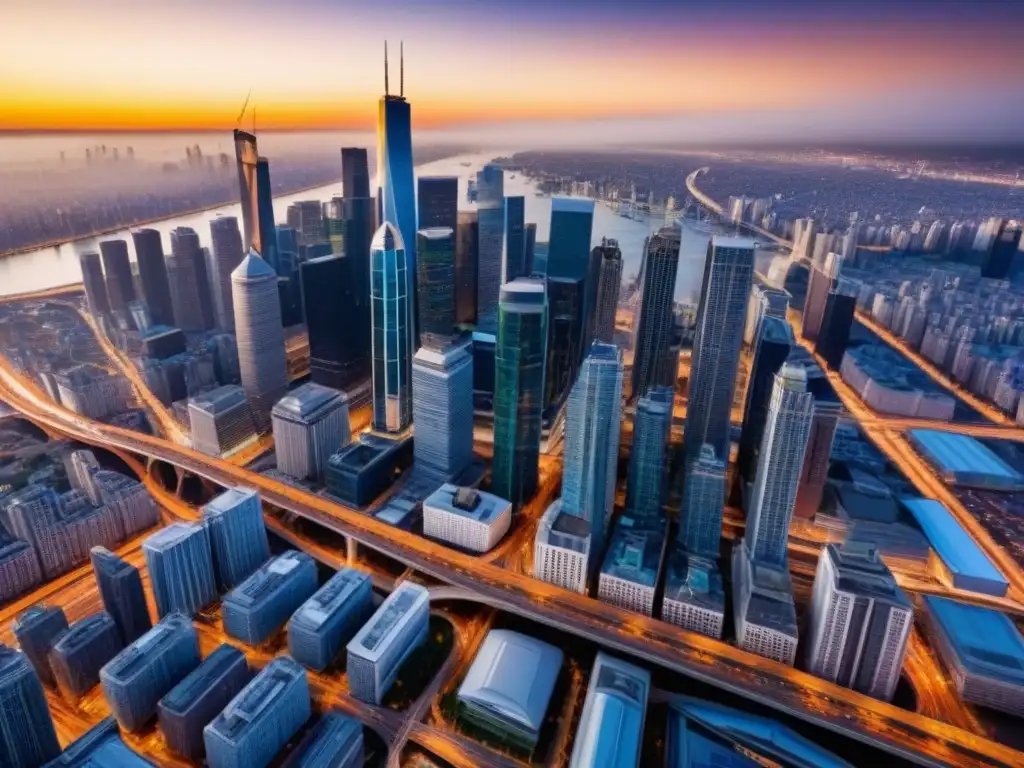 Metrópolis vibrante: luces, rutas y rascacielos Vibrante ciudad con rascacielos, autopistas y bullicio, reflejando la importancia de los impuestos a la propiedad en la economía urbana