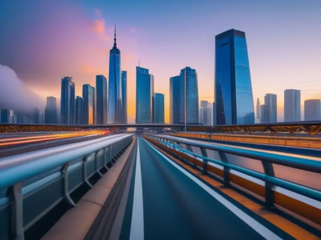 Esplendor urbano: skyline moderno y resiliente en 8k Vibrante ciudad con rascacielos y autopistas, simbolizando la resiliencia del mercado inmobiliario