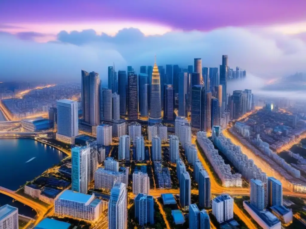 Cityscape vibrante: mercado inmobiliario en auge para inversores Vibrante ciudad con rascacielos y bulliciosas calles, ideal para inversores en inmuebles