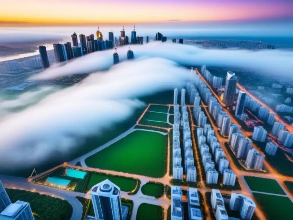 Vista aérea impresionante de ciudad moderna en crecimiento Vibrante ciudad con rascacielos, calles animadas y áreas verdes