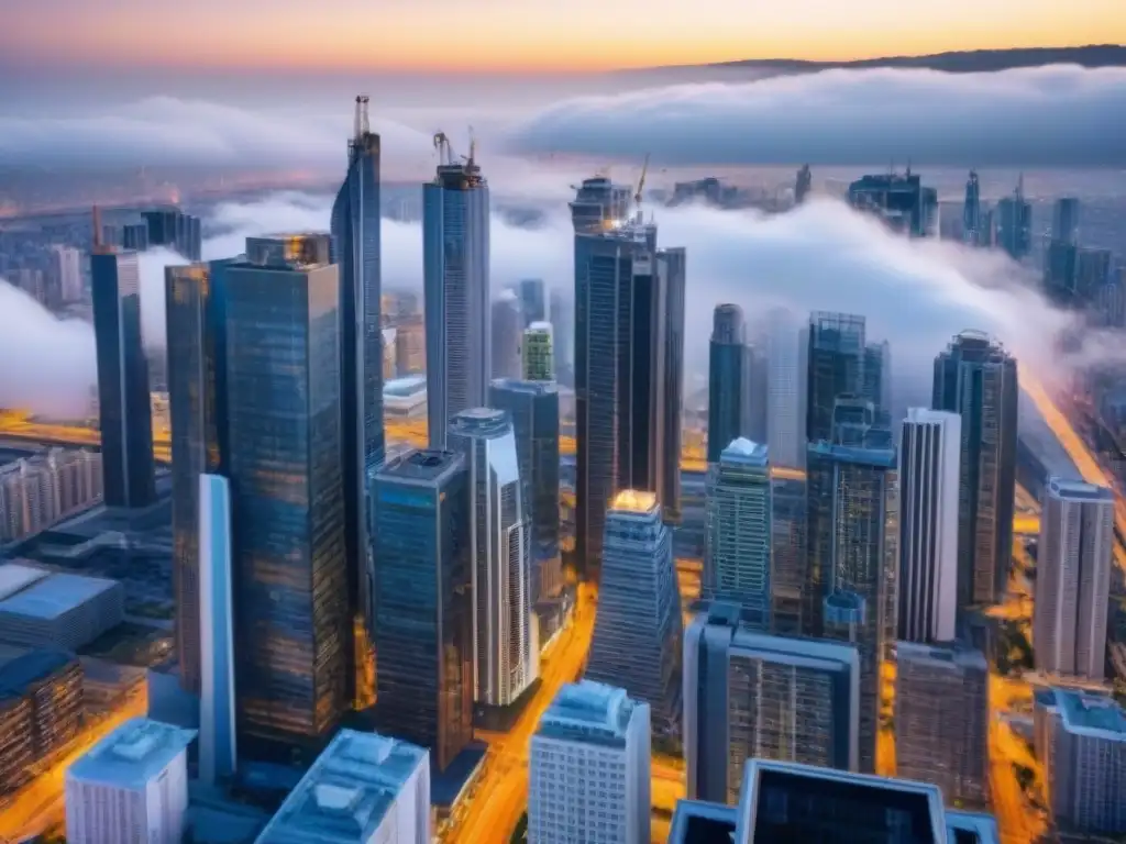 Metrópolis moderna: auge inmobiliario en acción Vibrante ciudad con rascacielos, calles bulliciosas y obras en construcción, reflejando el crecimiento del financiamiento inmobiliario en regiones