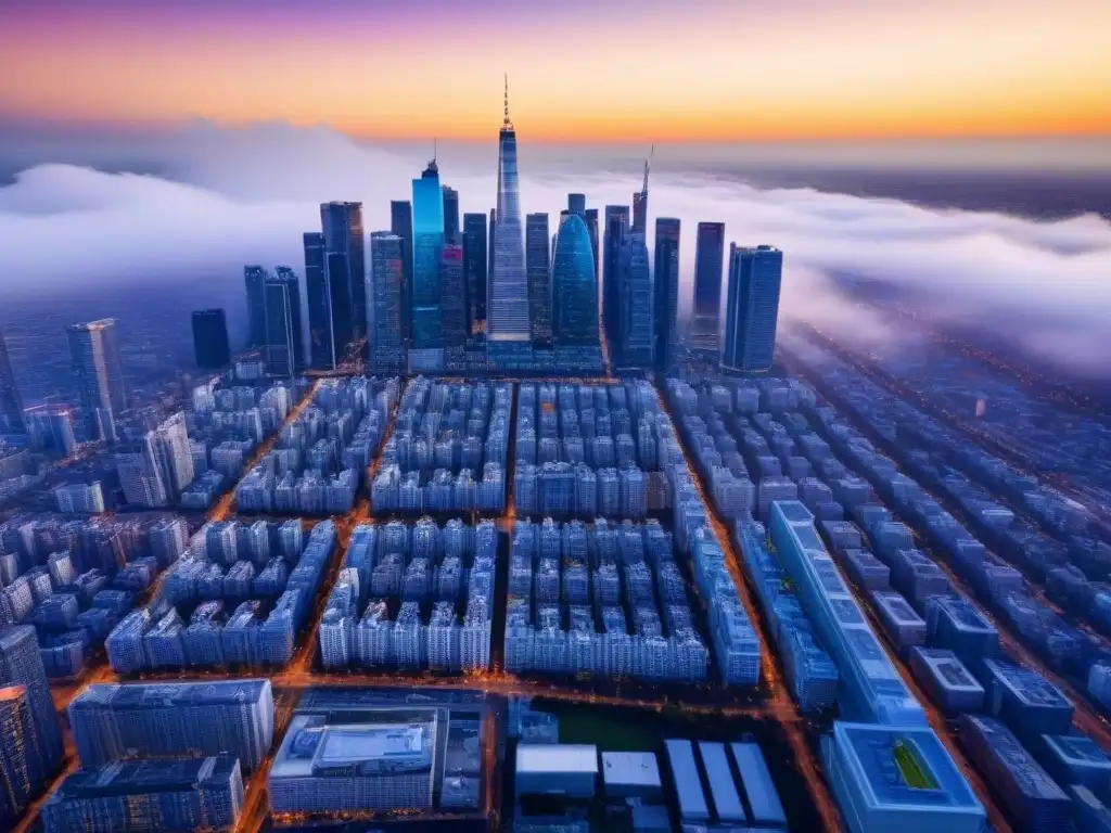 Metrópolis moderna: panorama urbano vibrante y dinámico Vibrante ciudad con rascacielos y calles llenas, simbolizando el mercado inmobiliario y las excepciones en financiamiento local