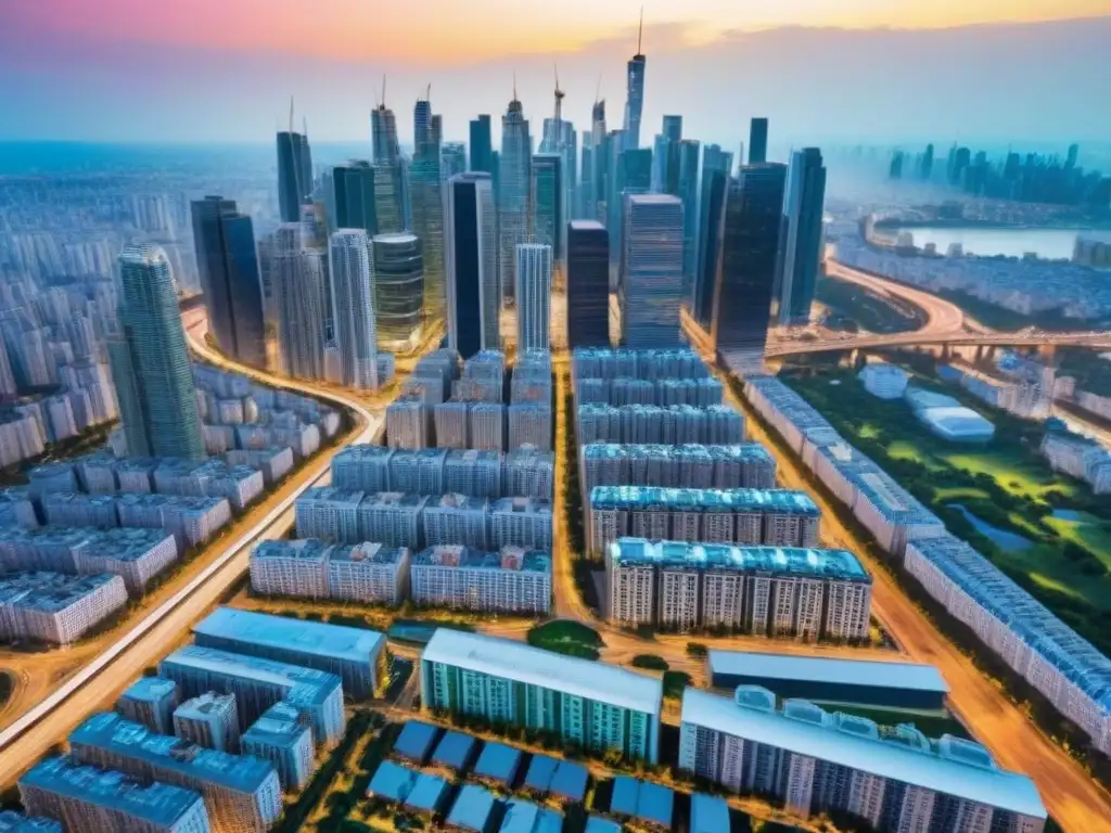 Metrópolis vibrante: Impacto de la migración en la vida urbana Vibrante ciudad con rascacielos y calles conectadas, reflejando tendencias mercado inmobiliario migración