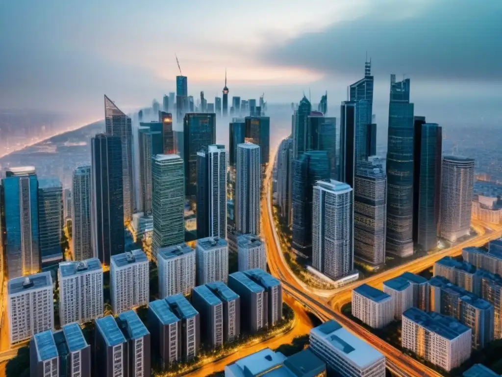 Metrópolis futurista: evolución urbana y financiamiento inmobiliario Vibrante ciudad con rascacielos y carreteras, reflejo de la evolución de la historia desarrollo urbano financiamiento inmobiliario