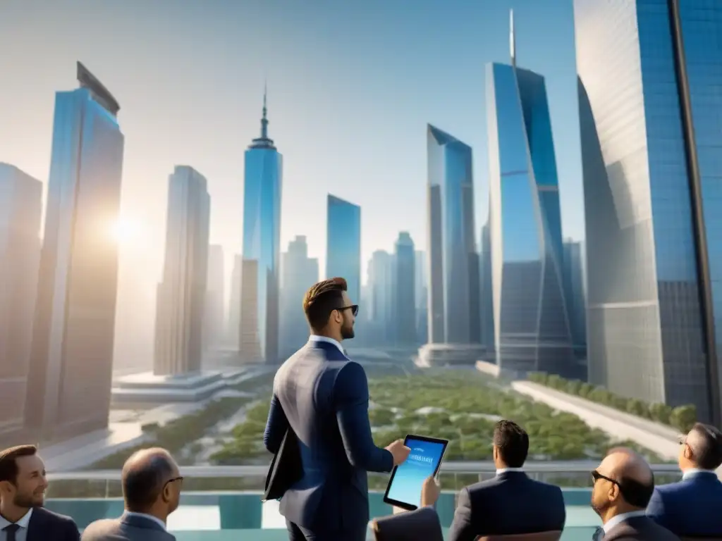 Espectacular ciudad moderna con inversores y rascacielos únicos Vibrante ciudad de rascacielos comerciales con inversores analizando datos en tablets