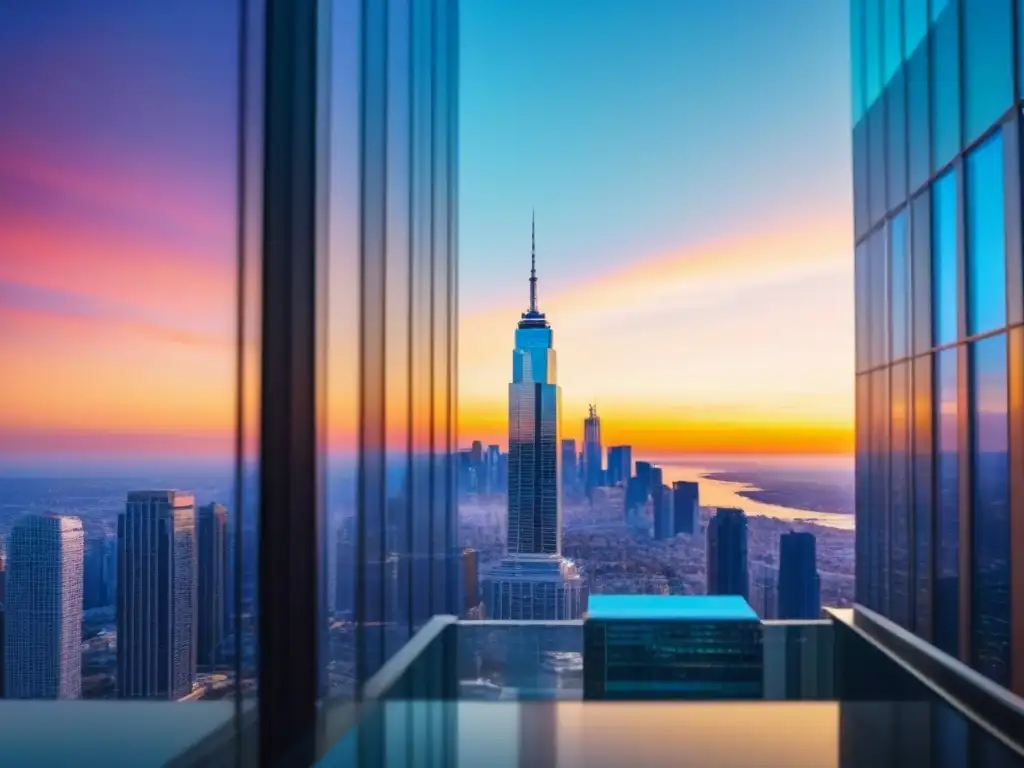 Contrato inmobiliario en ciudad moderna al atardecer Vibrante ciudad con rascacielos de cristal, reflejando el atardecer, y profesionales caminando en la acera