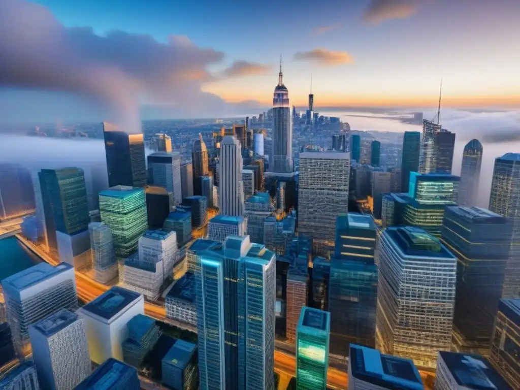 Skyline económico: impacto del banco central en bienes raíces Vibrante ilustración de la ciudad con rascacielos y datos económicos, mostrando el impacto del banco central inmobiliario