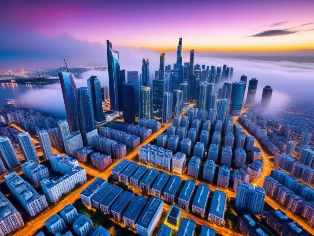 Horizonte urbano vibrante: real estate en auge Vibrante ciudad con rascacielos y diseño arquitectónico contemporáneo