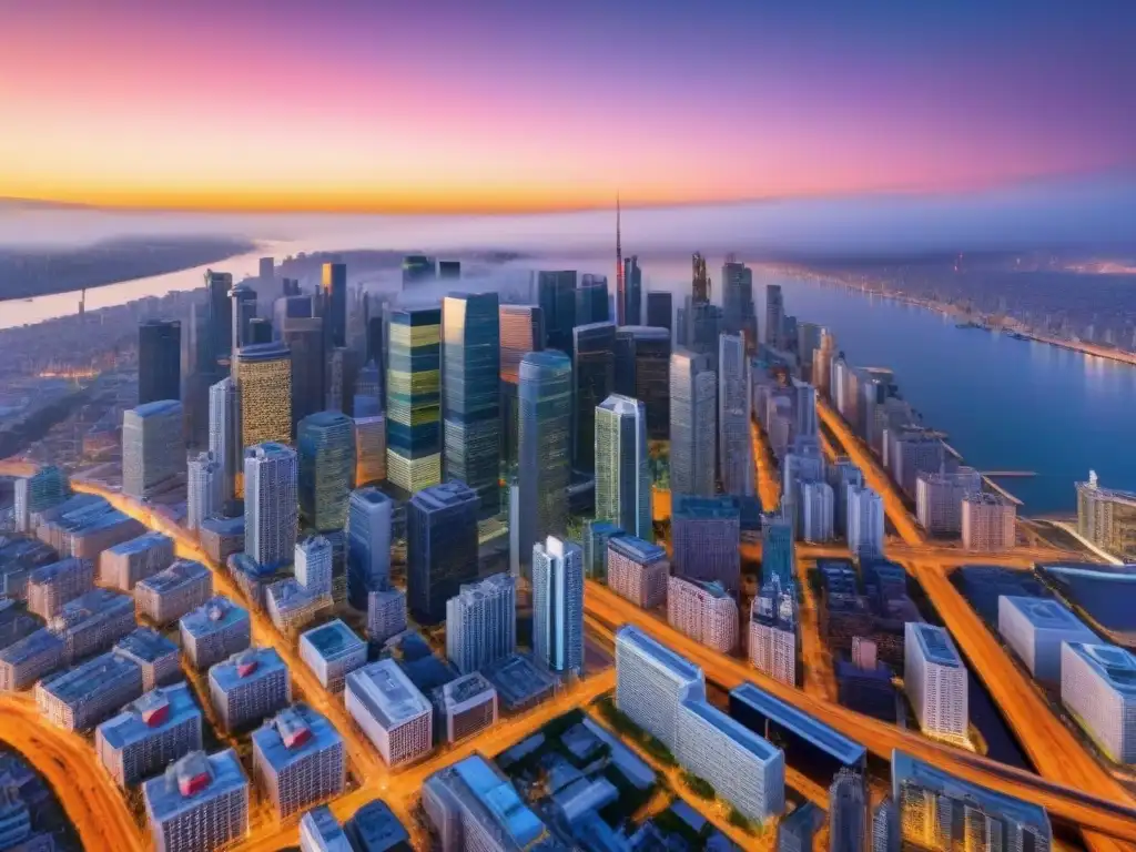 Metrópolis diversa: skyline urbano vibrante al atardecer Vibrante ciudad con rascacielos y diversidad étnica, reflejo de las tendencias mercado inmobiliario migración