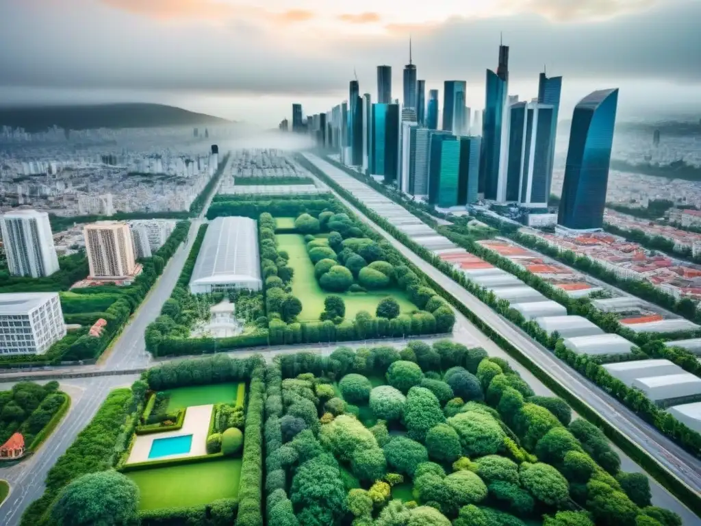 Vibrante panorama urbano: modernidad y crecimiento en la ciudad Vibrante ciudad con rascacielos, edificios residenciales y espacios verdes, reflejando tendencias mercado inmobiliario estrategia