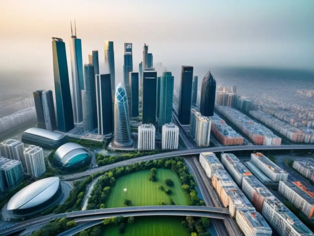 Metrópolis vibrante con rascacielos modernos y vida urbana activa Vibrante ciudad con rascacielos y edificios residenciales, ideal para inversión en crowdfunding inmobiliario