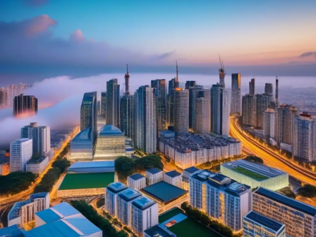 Espectacular panorama urbano: rascacielos y viviendas en auge Vibrante ciudad con rascacielos y edificios residenciales, reflejando el potencial de inversión en el mercado inmobiliario