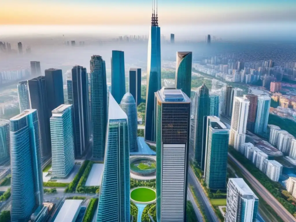 Metrópolis vibrante: crecimiento y prosperidad inmobiliaria Vibrante ciudad con rascacielos y espacios verdes, simbolizando crecimiento y financiamiento proyectos inmobiliarios monumentales