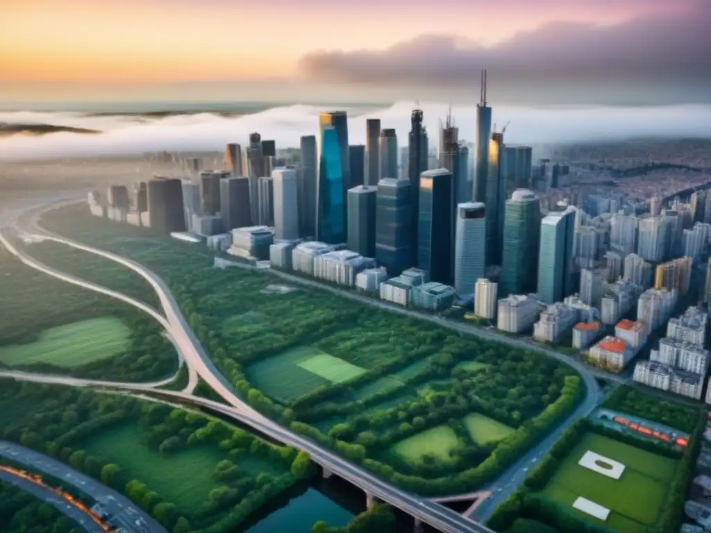 Vista aérea detallada de ciudad moderna con rascacielos y áreas verdes Vibrante ciudad con rascacielos, espacios verdes y carreteras, ideal para inversión inmobiliaria con beneficios fiscales