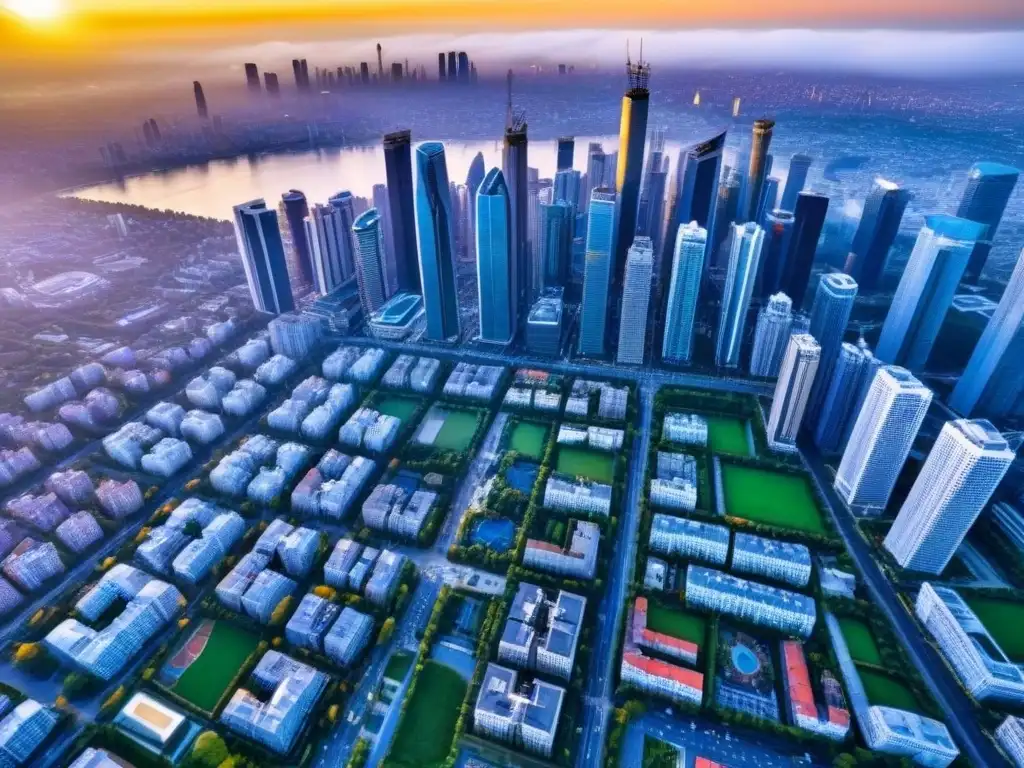 Vibrante ciudad con rascacielos y espacios verdes, reflejando el crecimiento del mercado inmobiliario
