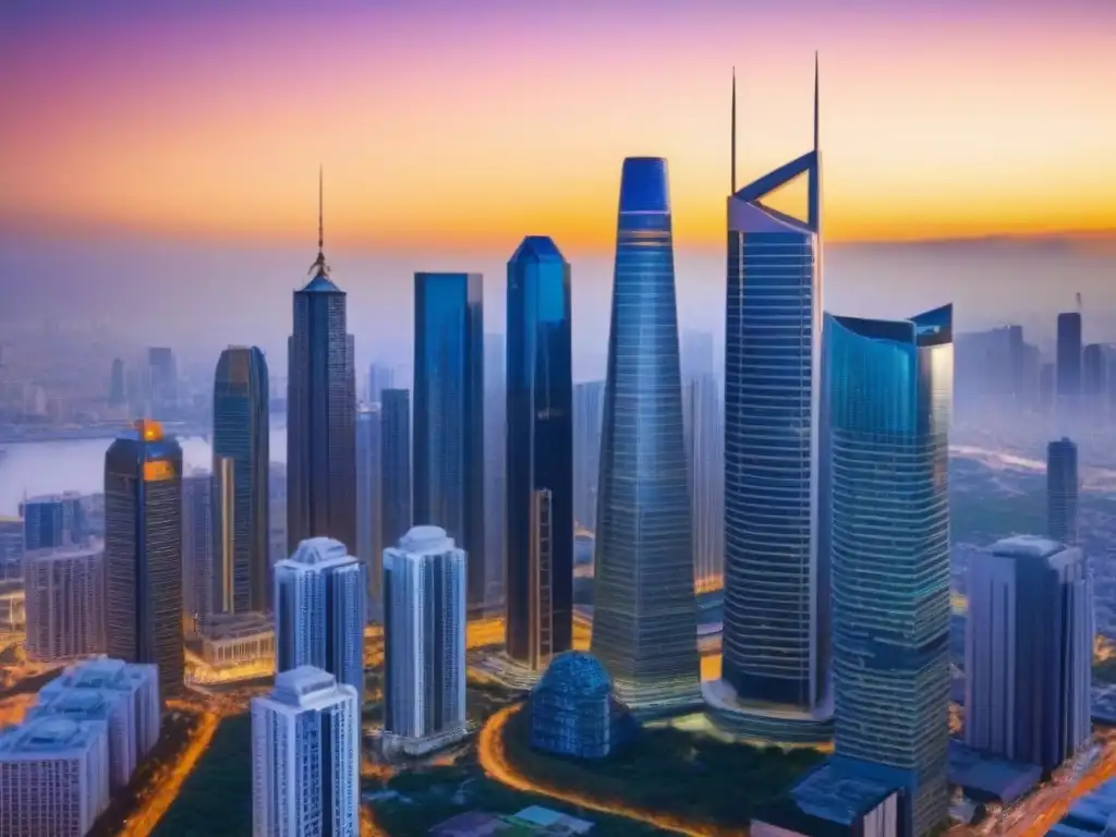 Horizonte urbano diverso: inversión inmobiliaria moderna Vibrante ciudad con rascacielos de estilos diversos, simbolizando la diversificación de inversiones en inmobiliaria