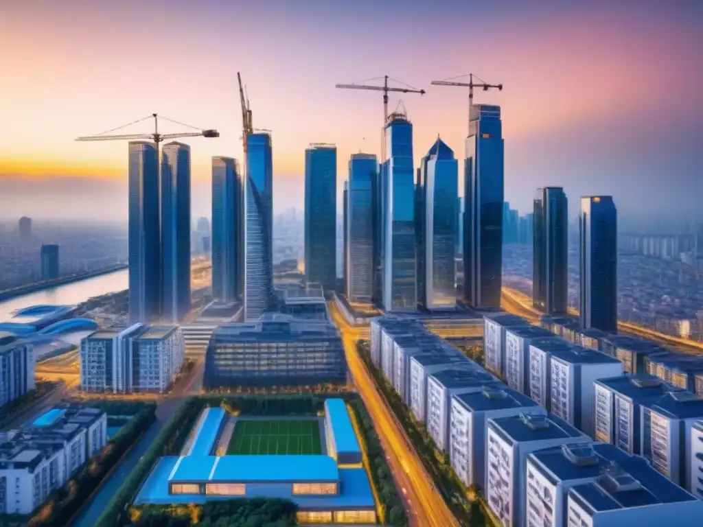 Horizonte urbano futurista: impacto de la reforma fiscal en la propiedad Vibrante ciudad con rascacielos futuristas, reflejo de reformas impuestos propiedad inmobiliaria