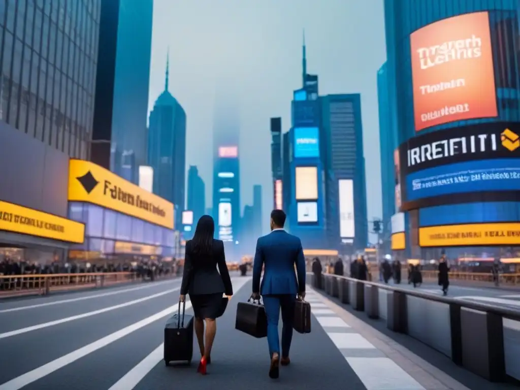 Metrópolis futurista: financiamiento inmobiliario en acción Vibrante ciudad al anochecer con rascacielos futuristas iluminados