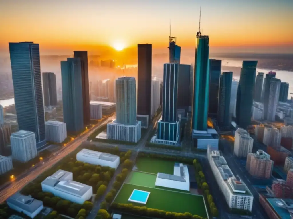 Oportunidades inmobiliarias: diversidad y educación financiera al atardecer Vibrante ciudad con rascacielos, gente diversa y acceso al crédito en inmobiliaria