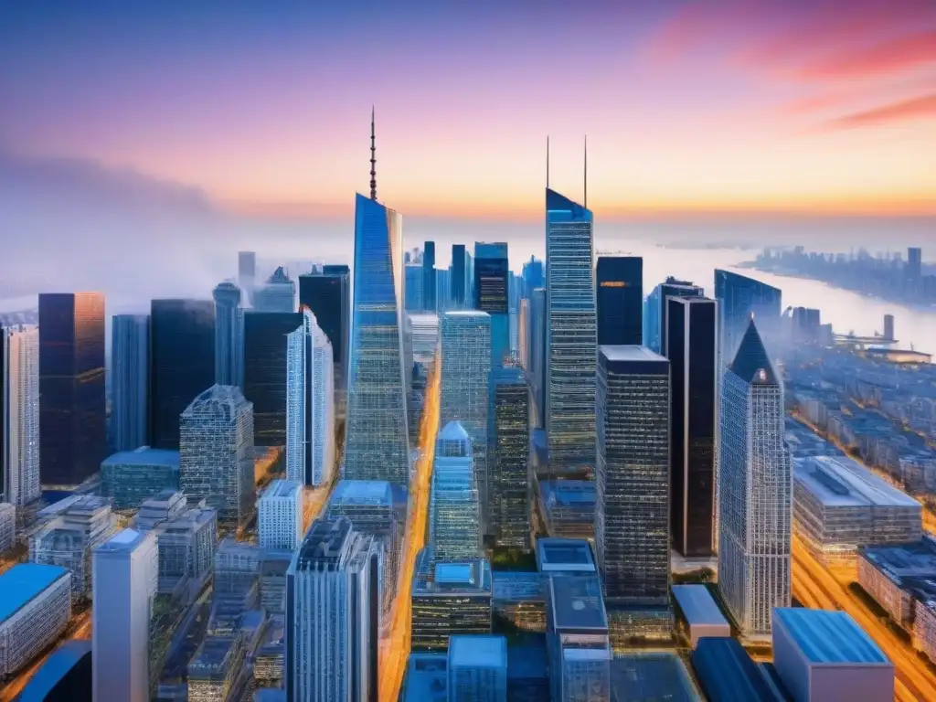 Mercado inmobiliario: impacto de políticas gubernamentales Vibrante ciudad con rascacielos y gente diversa, reflejando la influencia de políticas gubernamentales en el mercado inmobiliario