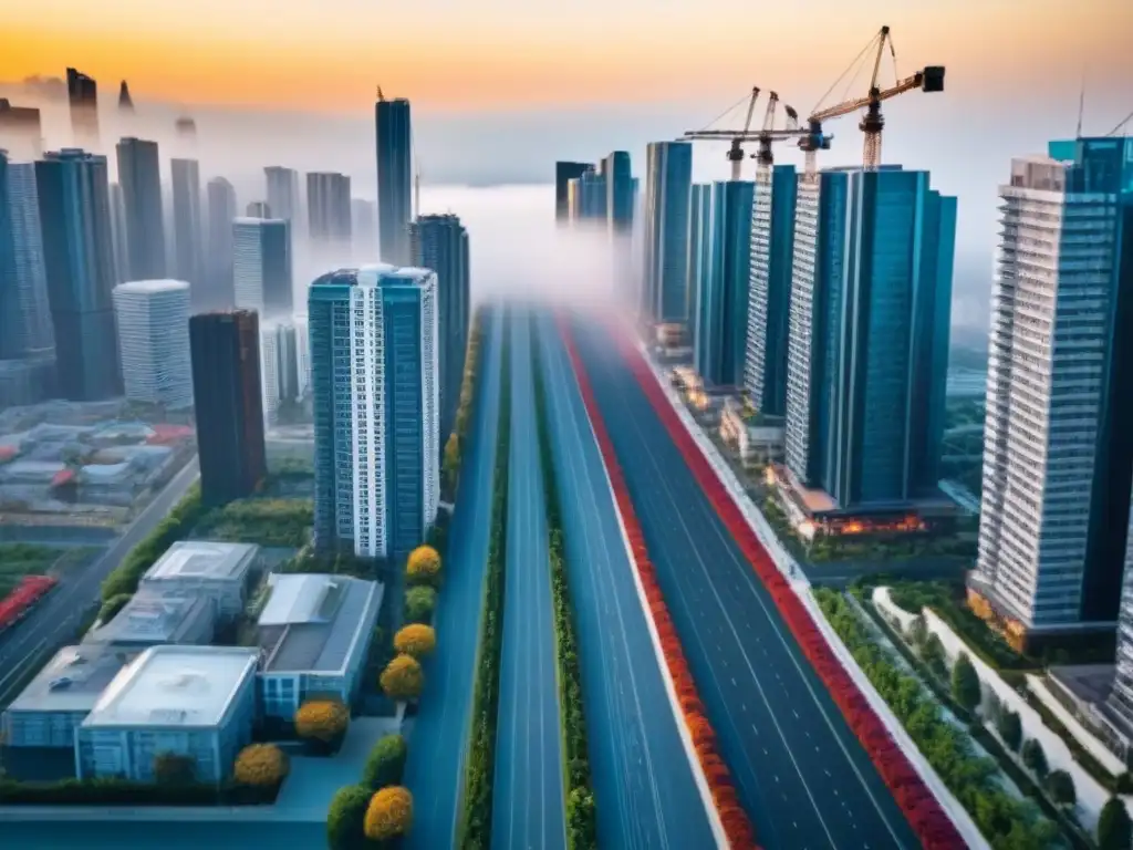 Vibrante mercado inmobiliario: Ciudad moderna en crecimiento Vibrante ciudad con rascacielos, gente y autos, reflejando una exitosa campaña crowdfunding inmobiliario