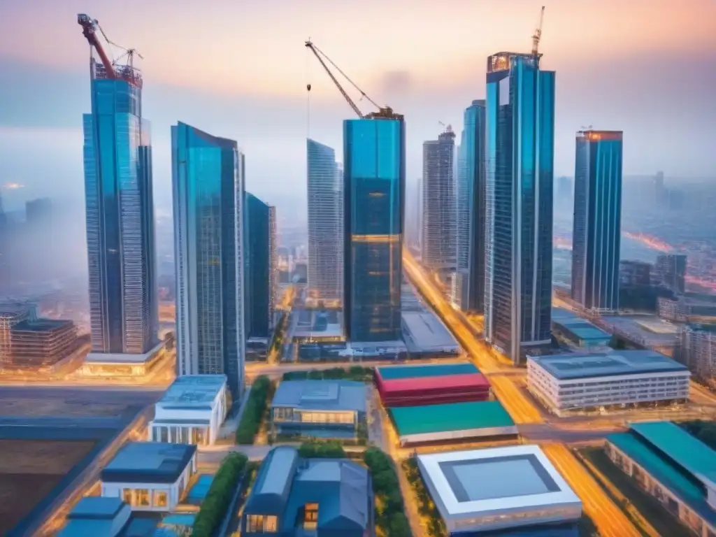 Metrópolis en crecimiento: mercado inmobiliario y regulaciones locales Vibrante ciudad con rascacielos y gente, reflejando la normativa financiamiento inmobiliario local