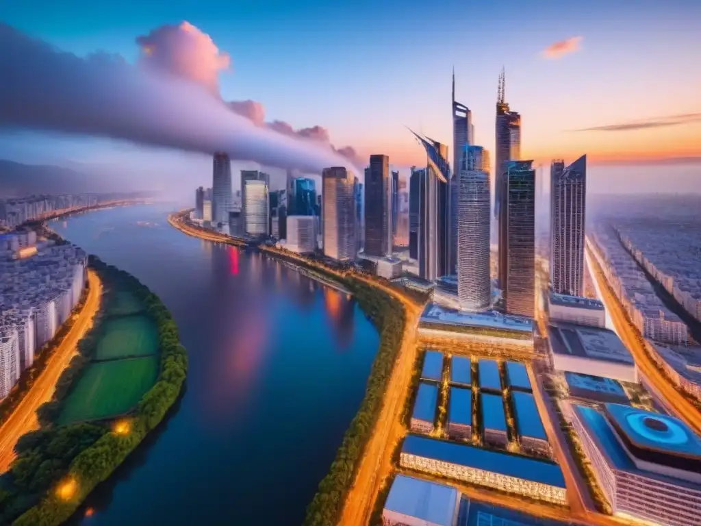 Esplendor urbano: luces de la ciudad y río sereno Vibrante ciudad al anochecer, rascacielos iluminados y río sereno reflejando luces