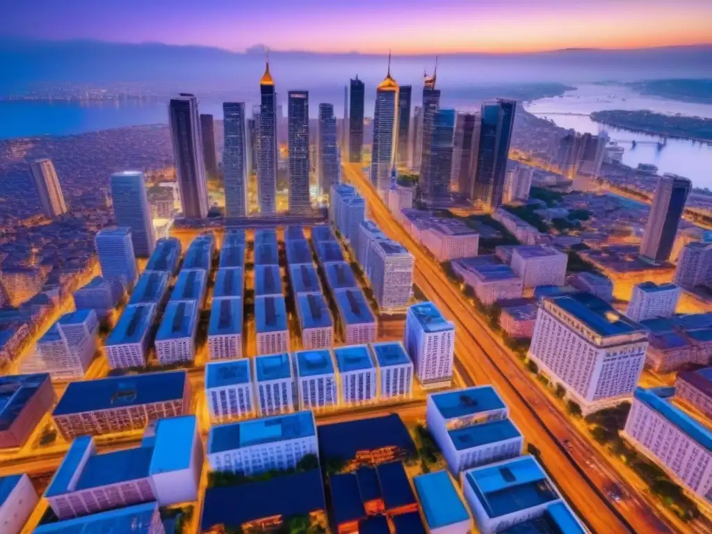 Horizonte urbano al anochecer: luces vibrantes y tráfico en ciudad moderna Vibrante ciudad al anochecer con rascacielos iluminados y tráfico; refleja el dinamismo y potencial del mercado inmobiliario