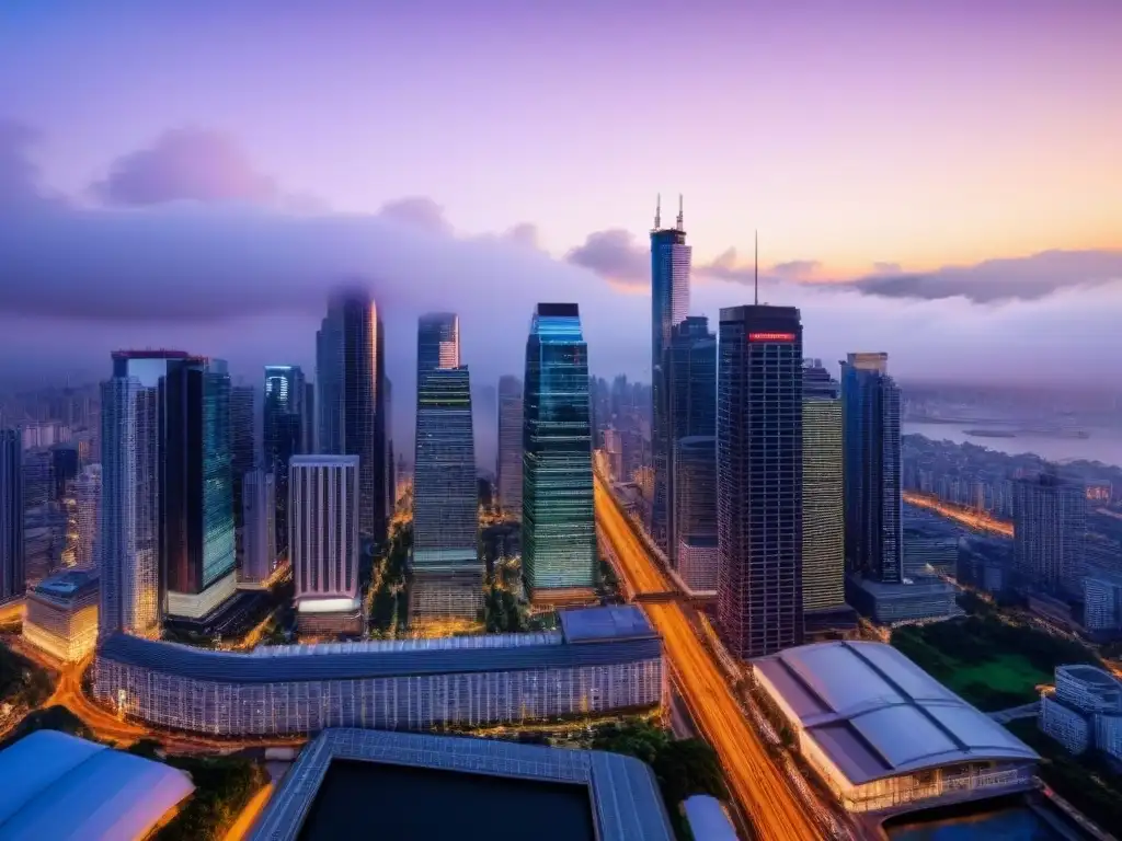 Horizonte urbano al atardecer: metrópolis vibrante y prometedora Vibrante ciudad al anochecer, con rascacielos iluminados